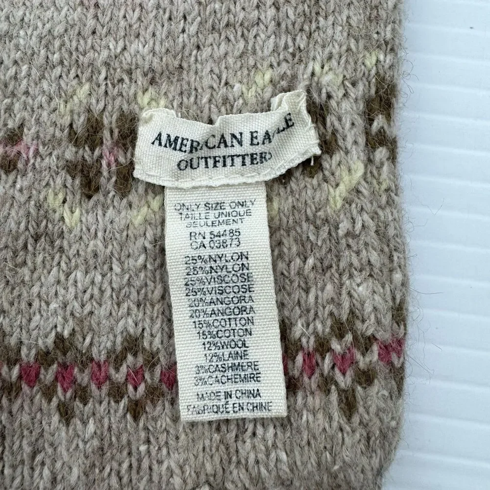 American Eagle Angora Cashmere Blend Fair Isle Fringe Scarf Beige Soft